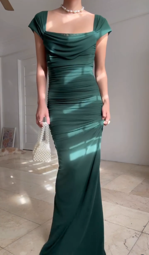 Elegant Sheath Straps Dark Green Tulle Long Graduation Prom Dress DP4876