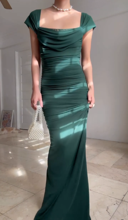Elegant Sheath Straps Dark Green Tulle Long Graduation Prom Dress DP4876