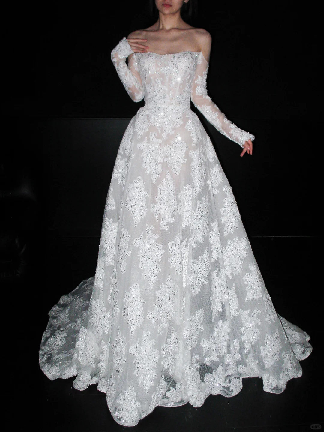 Beautiful A Line Long Sleeve Sequin Lace Long Train Wedding Dress DP6367