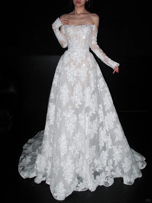 Beautiful A Line Long Sleeve Sequin Lace Long Train Wedding Dress DP6367
