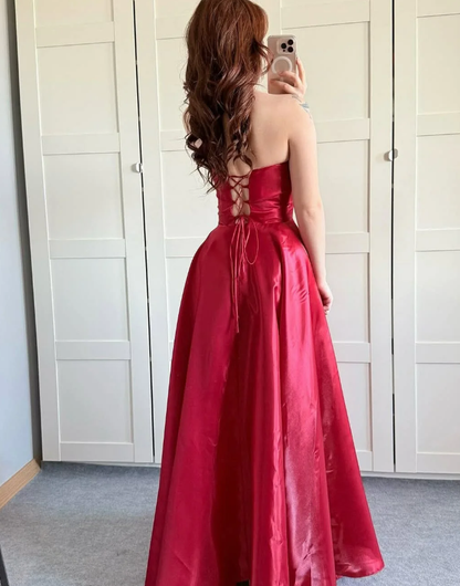 Princess Pink A Line Strapless Satin Prom Dress Evening Dress DP5261
