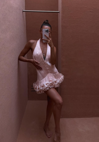 Sweety Pink Line V Neck Tulle Short Homecoming Dress Outfits DP5118
