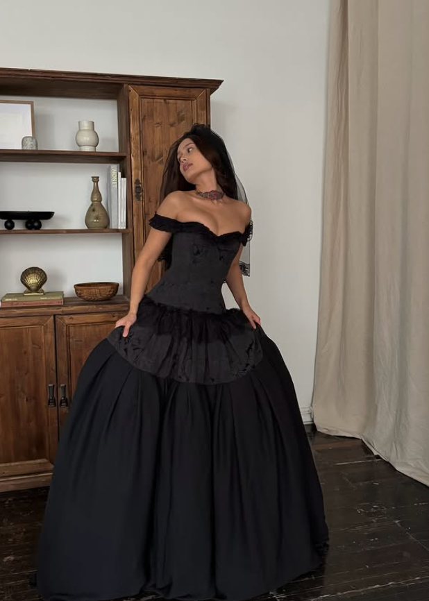 Black Ball Gown Off the Shoulder Satin Lace Prom Dress 16th Birthday Dress DP4281