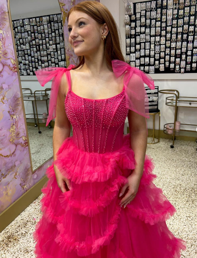 Cute Hot Pink A Line Spaghetti Strap Beaded Layered Tulle Long Prom Dress Evening Dress DP6570