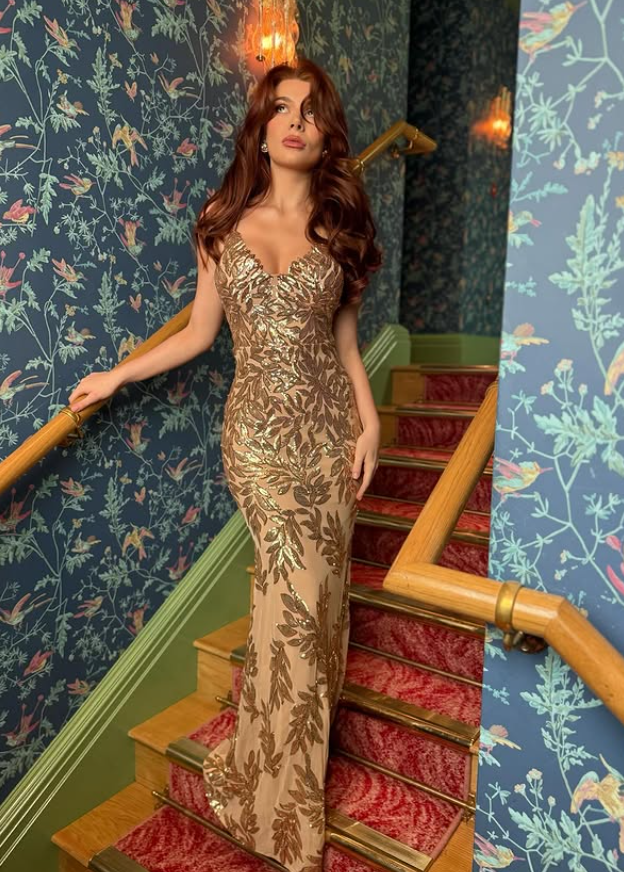 Shiny Golden Sheath Spaghetti Strap Sequin Prom Dress Date Dress DP4290