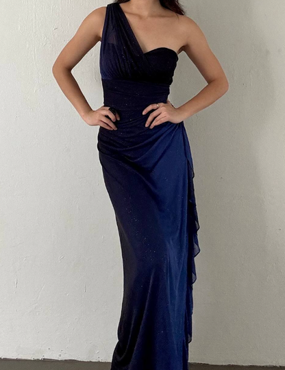 Retro Navy Blue Ombre One Shoulder Chiffon Party Dress Evening Dress DP2871