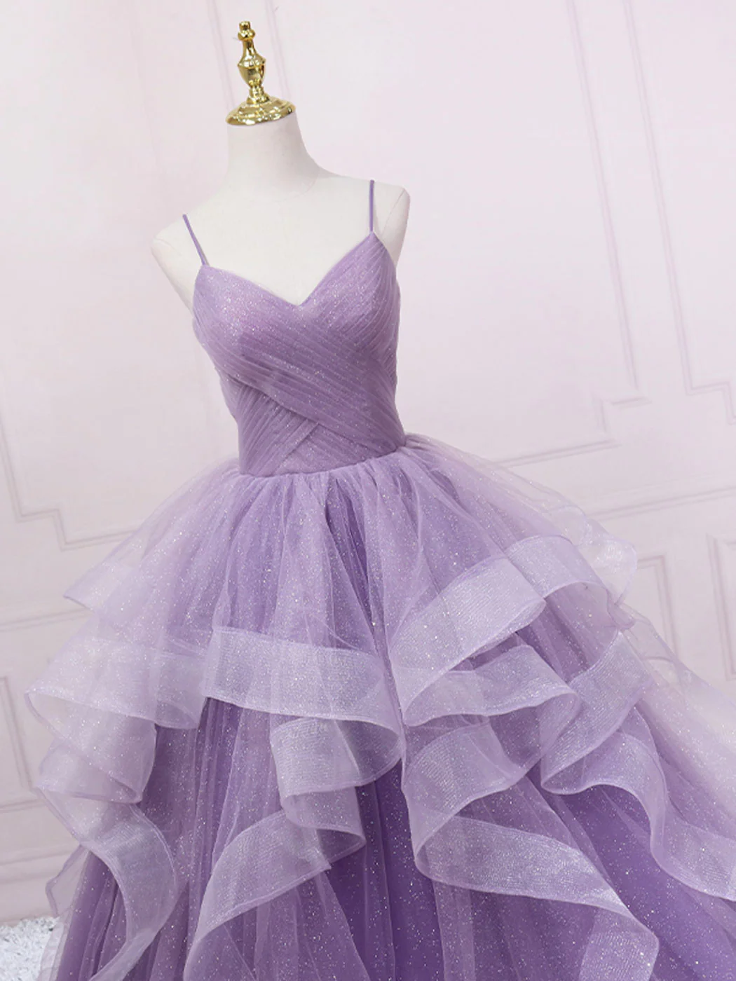 Shiny Purple V Neck Tulle Long Prom Dress Formal Party Evening Dress DP082