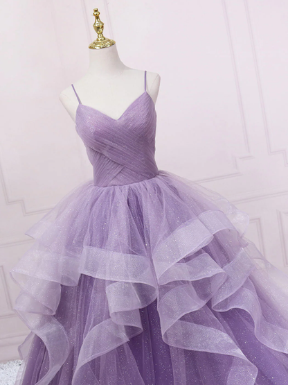 Shiny Purple V Neck Tulle Long Prom Dress Formal Party Evening Dress DP082