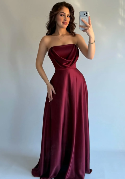 Simple Burgundy A Line Strapless Satin Long Prom Dress Evening Dress DP6934