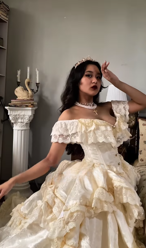 Apricot Ball Gown Off the Shoulder Layered Lace Satin 16th Birthday Dress Quinceanera Dress DP4439