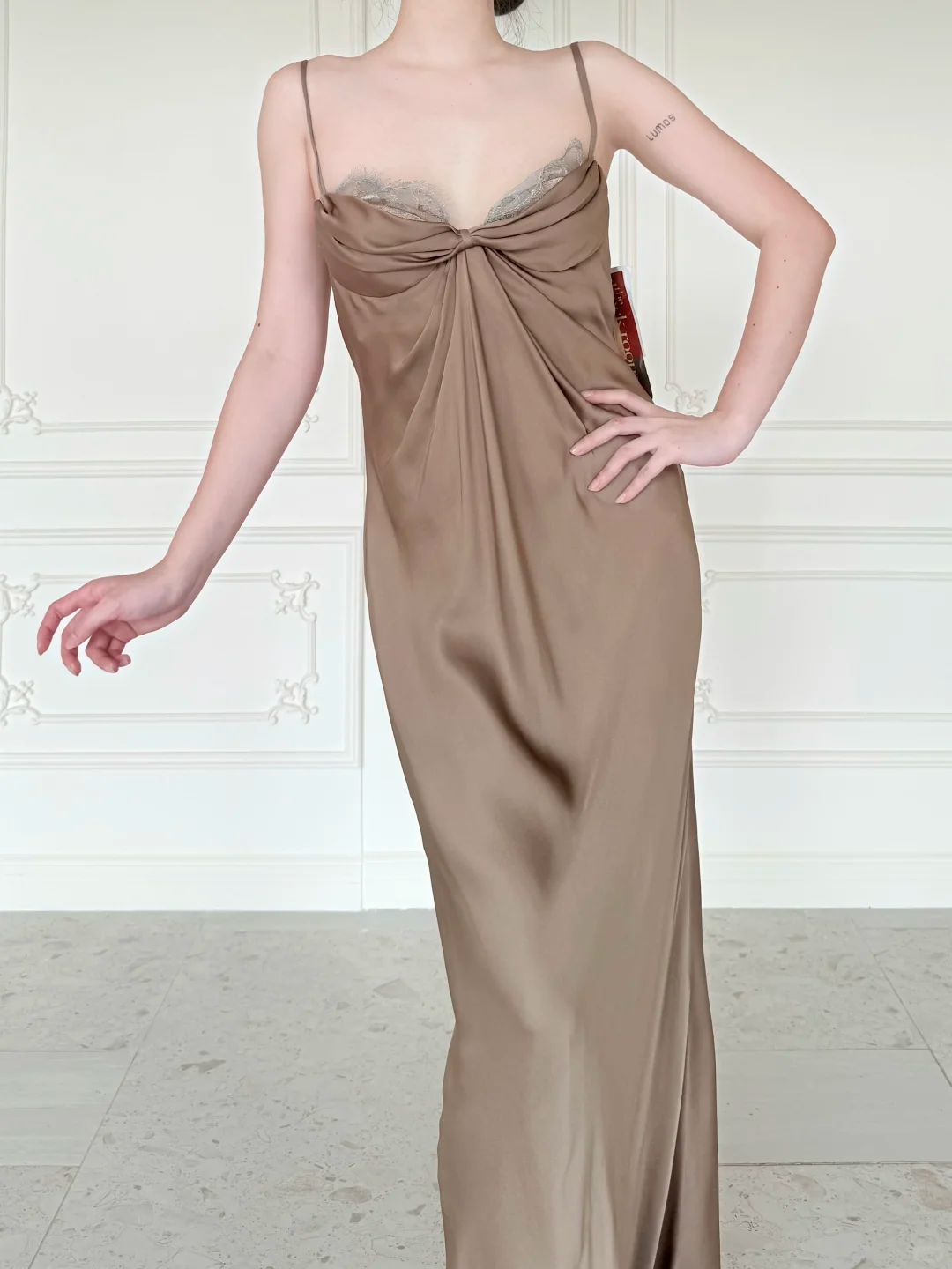 Simple Sheath Spaghetti Strap Brown Satin Long Prom Dress Evening Dress DP6447