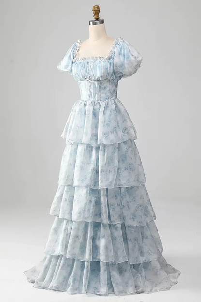 Light Blue Chiffon Floral Layers Long Party Dress Evening Dress Formal Prom Dress DP288