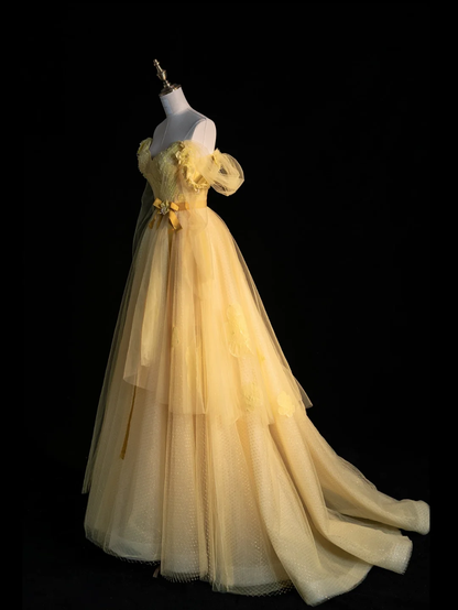 Cute A Line Off the Shoulder Yellow Appliques Tulle Long Prom Dress Graduation Prom Dress DP2146