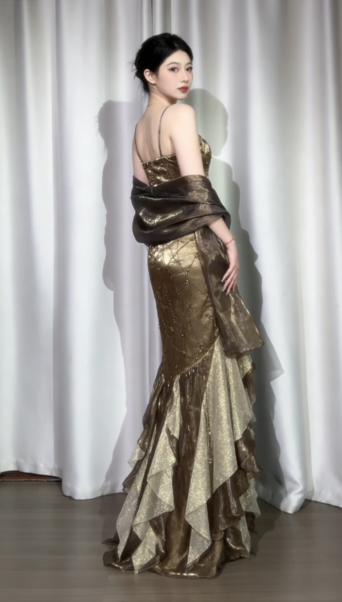 Gorgeous Sheath Long Prom Dress Spaghetti Straps Birthday Dress Beaded Satin Formal Dresses DP4359