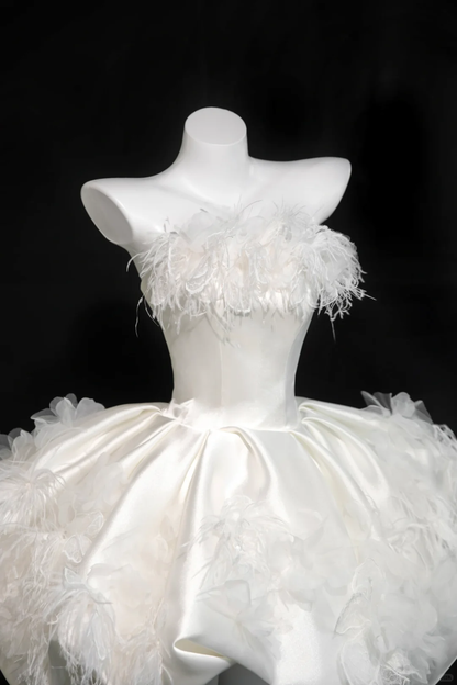White A Line Strapless Feather Satin Short Homecoming Dress Cocktail Dress DP2643