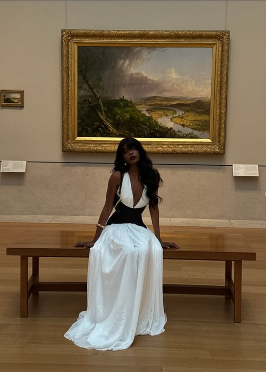 Classic Black-white A Line V Neck Satin Chiffon Prom Dress Outfits DP4377