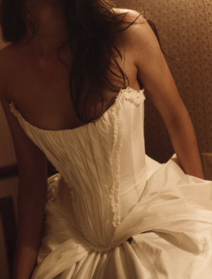 Stunning Ball Gown Strapless Corset White Satin Long Train Wedding Dress DP5827