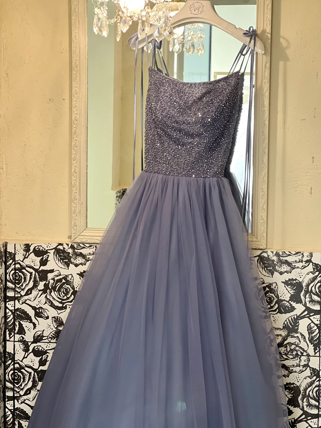 Grey Navy A Line Spaghetti Strap Beaded Tulle Long Prom Dress Evening Dress DP3327