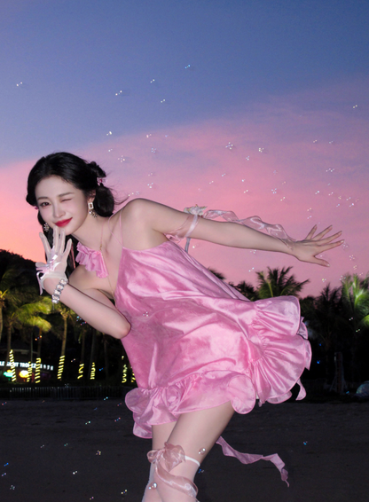 Cute Pink A Line One Shoulder Satin Short Homecoming Dress Vacation Dress DP3647