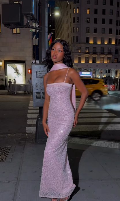 Pink Sheath Spaghetti Straps Beaded Tulle Ball Gown Graduation Prom Dress DP4843