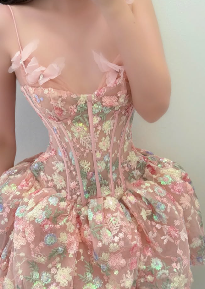 Pink A Line Strap Exquisite Embroidery Corset Tulle Short Prom Dress Homecoming Dress DP7965