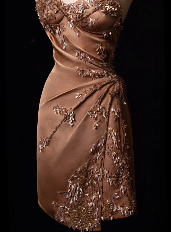 Vintage Brown A Line Straps Beaded Sequin Satin Short Homecoming Dress DP4469