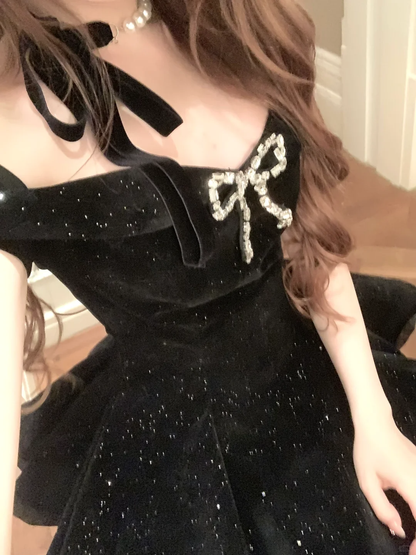 Cute A Line Off the Shoulder Bow Black Velvet Short Homecoming Dress Cocktail Dress DP2566