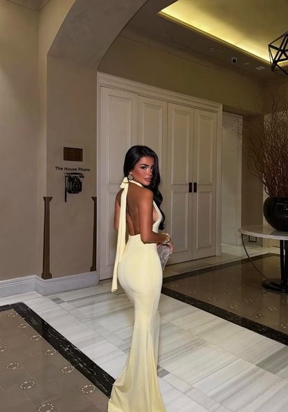 Yellow Backless Sheath Halter Satin Long Prom Dress Evening Dress DP8175