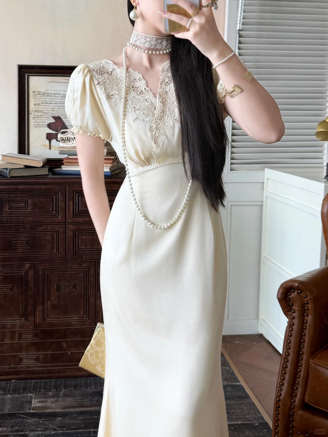 Vintage Light Apricot Mermaid Puff Sleeve Lace Satin Prom Dress Evening Dress DP6238