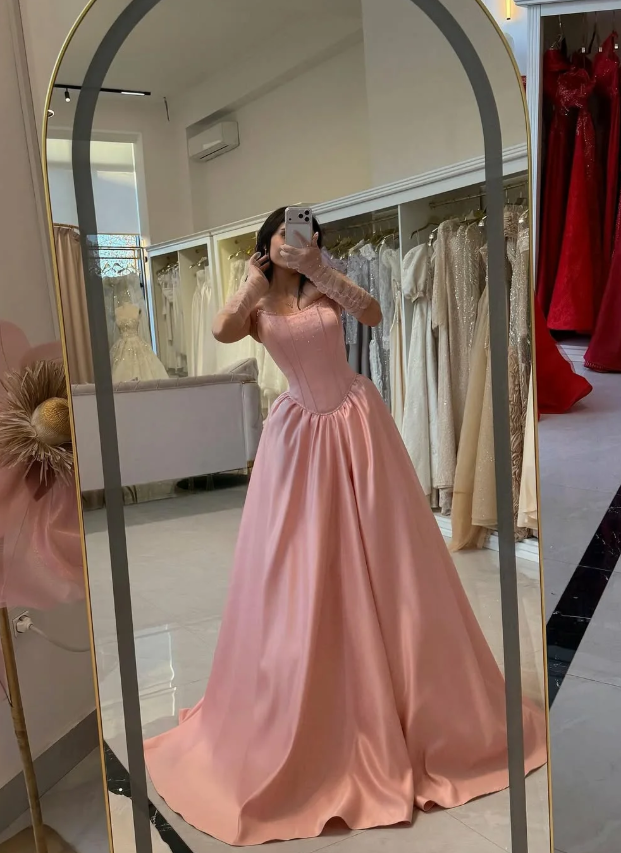 Sweety Pink A Line Strapless Corset Beaded Satin Long Prom Dress Evening Dress DP6944