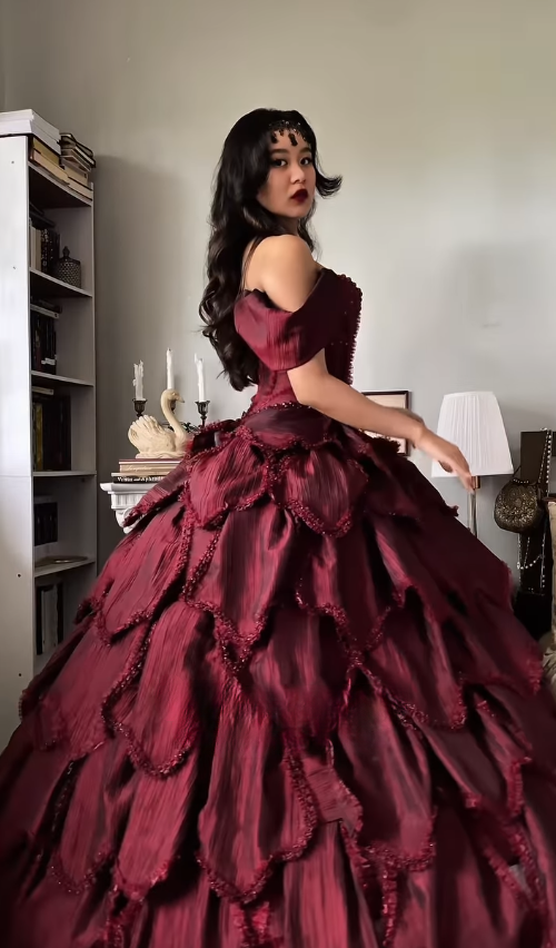 Burgundy Ball Gown Off the Shoulder Layered Beaded Satin 16th Birthday Dress Quinceanera Dress DP4438