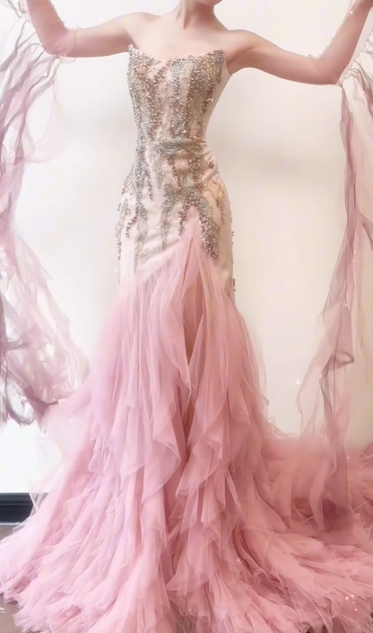 Romantic Pink Mermaid Strapless Exquisite Beaded Tulle Long Prom Dress DP4602