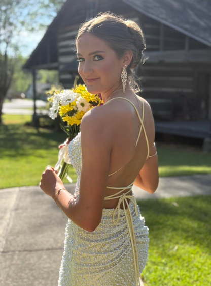Dazzling Mermaid Spaghetti Strap Pearl Yellow Satin Backless Slit Prom Dress Party Evening Dress DP6312