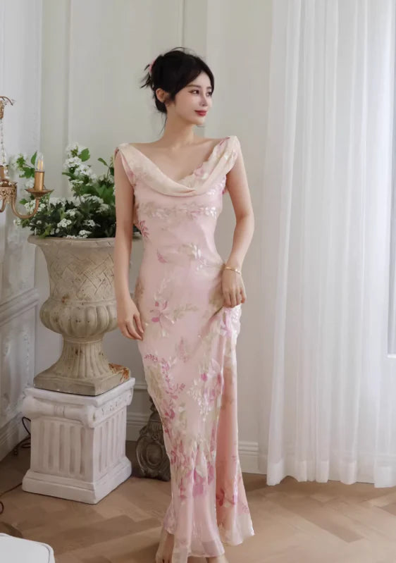 Gentle Retro Mermaid Straps Print Floral Purple Satin Prom Dress Formal Dress DP3511