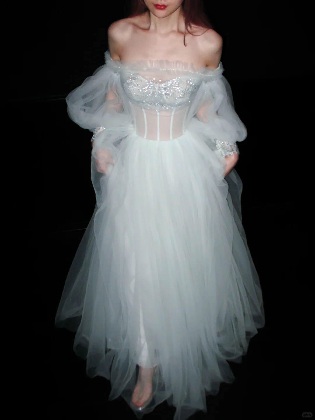 Pretty A Line Puff Sleeve Foggy Blue Tulle Long Prom Dress DP5198