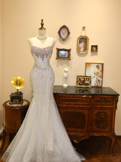 Exquisite Mermaid Spaghetti Strap Beaded White Tulle Prom Dress 21th Birthday Dress DP3918