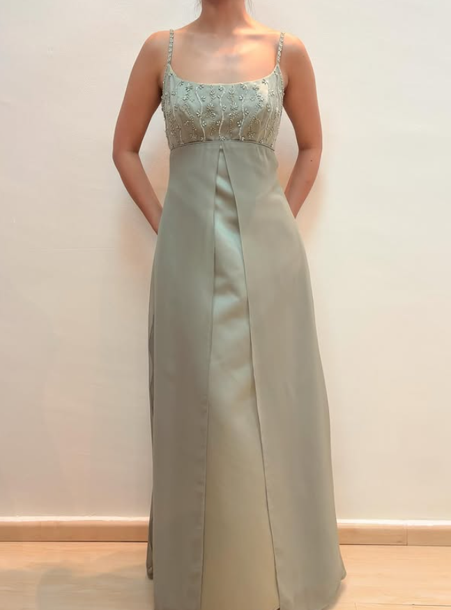 Vintage Sage Green A Line Beaded Tulle Satin Prom Dress Evening Dress Date Dress DP5277