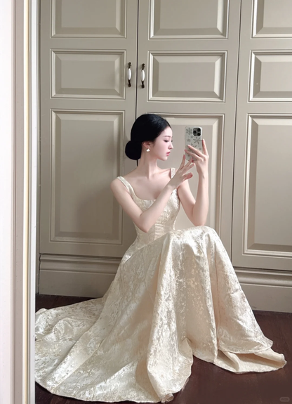 Simple Light Champagne A Line Straps Satin Long Prom Dress Outfits DP4616
