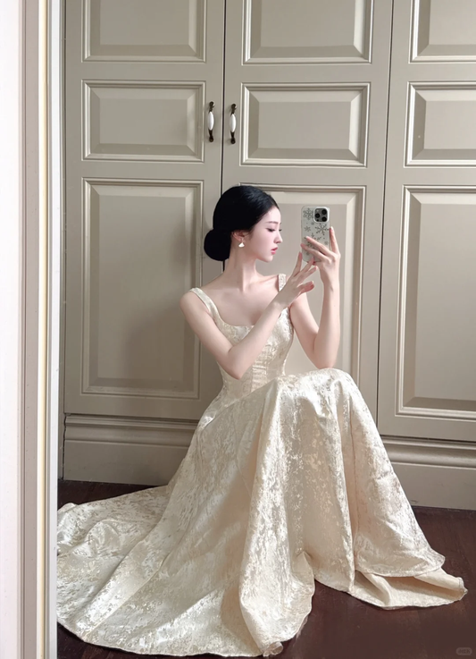 Simple Light Champagne A Line Straps Satin Long Prom Dress Outfits DP4616