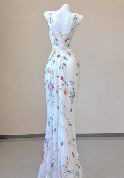 Floral Printed Chiffon Mermaid Pleatingg Sheath Charming Bridesmaid Dress Prom Dress DP202