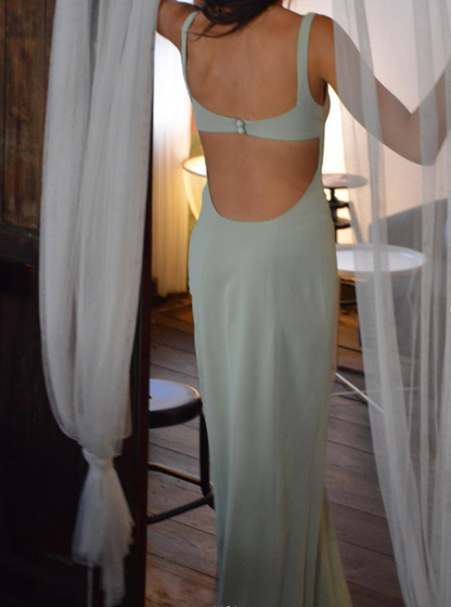 Sage Green A Line Spaghetti Strap Satin Long Prom Dress Evening Dress with Slit DP4766