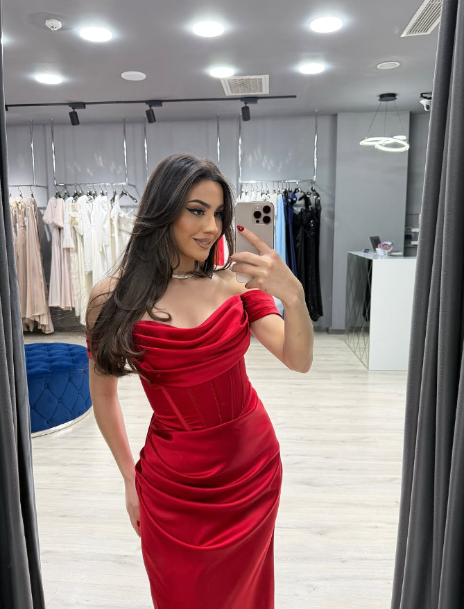 Charming Mermaid Off the Shoulder Corset Red Satin Prom Dress Evening Dress DP1834