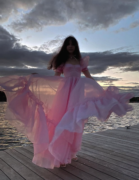Princess A Line Puff Pink Organza Long Prom Dress 18th Birthday Dress Outfits DP3386