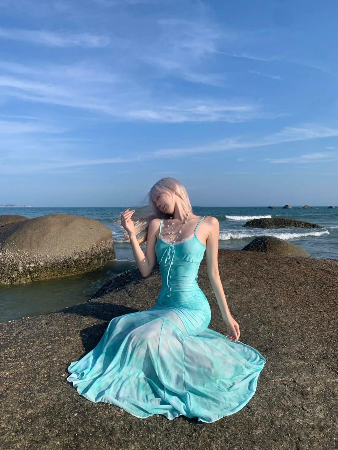 Blue Mermaid Spaghetti Straps Chiffon Long Vacation Dress Outfits DP3847