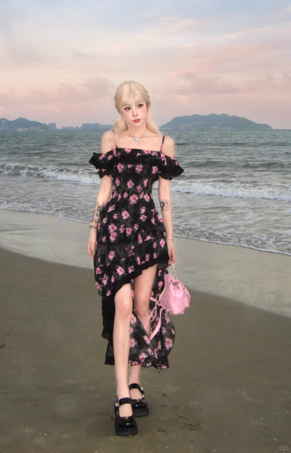 Pink Print Floral A Line Straps Black Chiffon Prom Dress Evening Dress DP5765