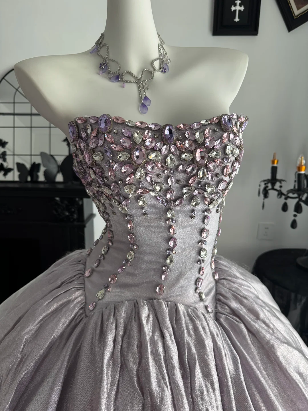 Light Purple Ball Gown Strapless Beaded Satin Prom Dress Quinceanera Dress DP6970