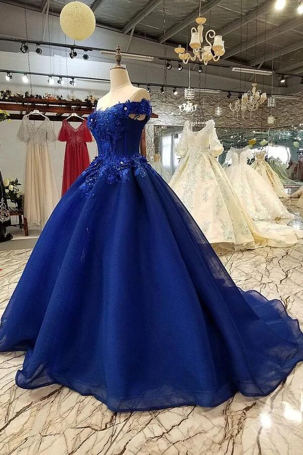 Royal Blue Off-The-Shoulder Evening Dress Appliques Formal Prom Dress Quinceanera Dress Ball Gown DP157