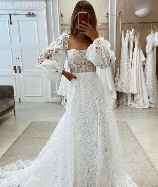 Pretty A Line Long Sleeve Square Neck White Satin Long Sweep Wedding Dress DP1633