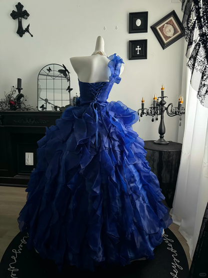 Royal Blue Ball Gown One Shoulder Beaded Ruffle Organza Prom Dress Quinceanera Dress DP6961