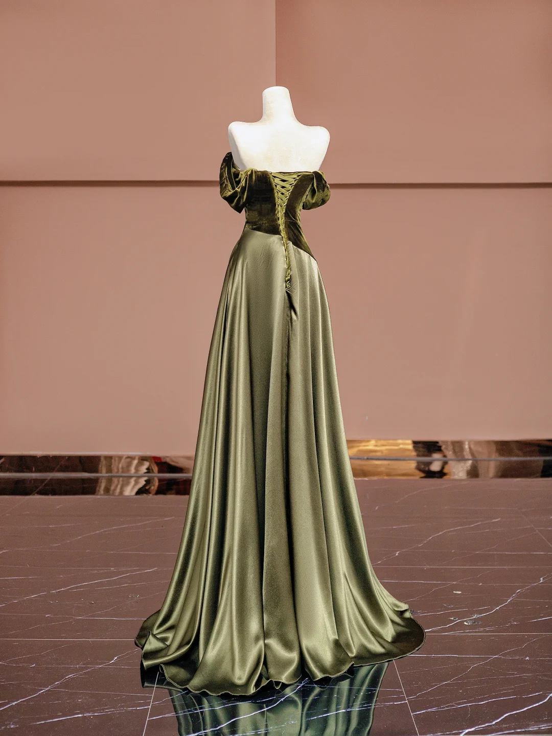 Olive Green Ball Gown Off the Shoulder Velvet Satin Prom Dress Wedding Guest Dress DP3878